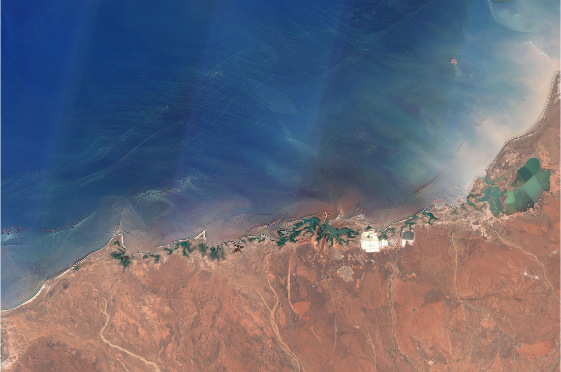 Ancient coastal reefs near Port Headland shown by Sentinel-2 satellite. Image: Chris Roelfsema