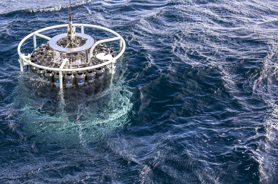 Active sampling: the CTD rosette loaded with water-sampling (Niskin) bottles is lowered to just above the seafloor. Image: CSIRO