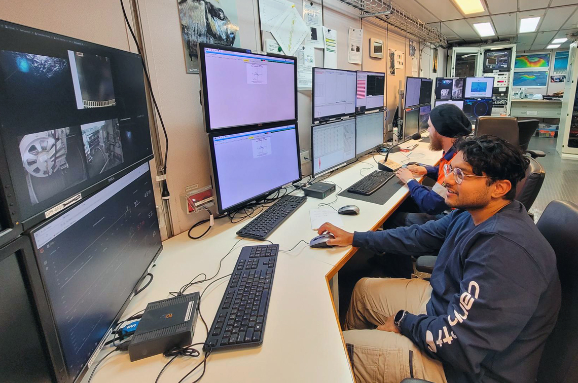 Sahan Jayasinghe in the RV Investigator operations room assisting with the deployment of the CTD and selecting depths in the water column to sample. Image: CSIRO