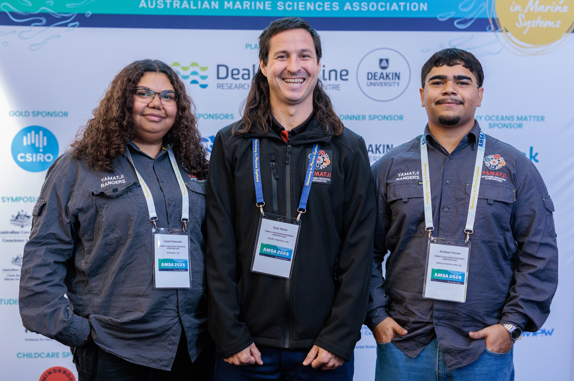 Yamatji sea rangers Hazel Edwards, Kyle Raina and Andrew Yarran gave the presentation 'Tropical transitions in the Abrolhos Marine Park on Yamatji sea Country'. Image: Ascent Media 