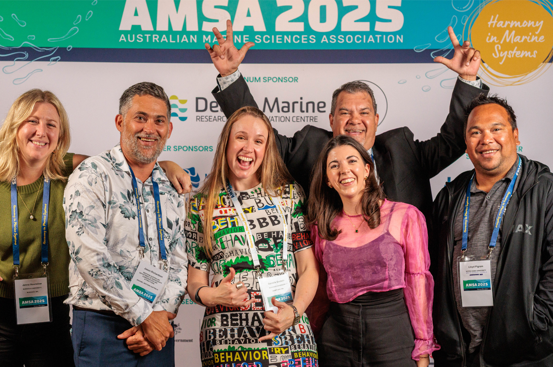 Jenna Hounslow of Murdoch University, Jason Richardson of the WA Department of Biodiversity Conservation and Attractions, Danielle Godwin and Rosie Brown of Murdoch University, Dean Matthews of Nyamba Buru Yawuru and Lloyd Pigram of Notre Dame University. Image: Ascent Media