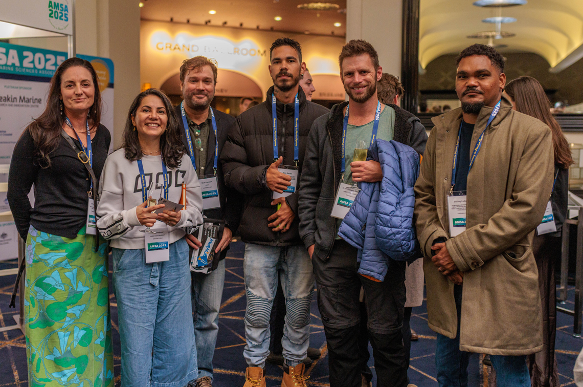 Michele Dyer of the Great Barrier Reef Marine Park Authority, Rana Dadpour of JCU, Matt Curnock of CSIRO, Dion Sands a Gunggandji-Mandingalbay Yidinij ranger, Christophe Cleguer of JCU and Stirling Ludwick, a Gunggandji-Mandingalbay Yidinij ranger. Image: Ascent Media