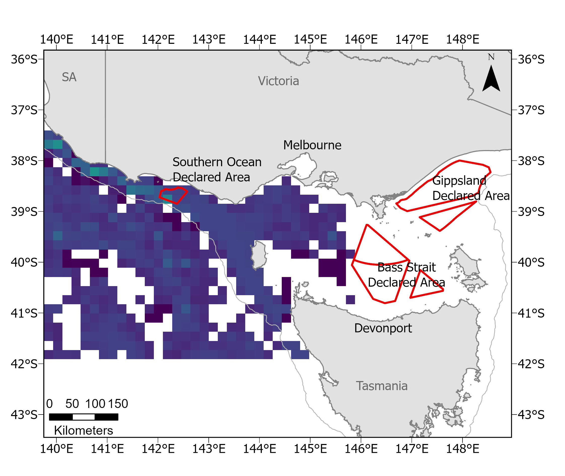 Pygmy blue whale combined foraging distribution zoomed into the offshore renewable energy declared areas off Victoria. Image: AIMS