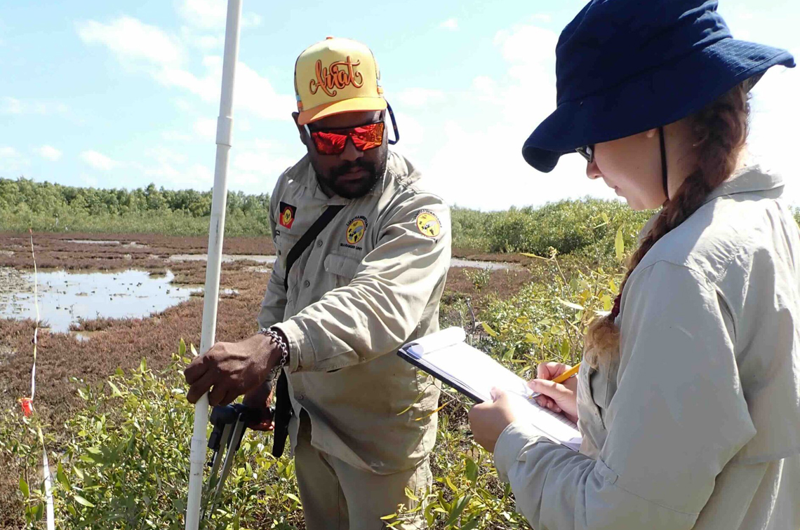 Taking detailed measurements of mangrove vegetation and regrowth with local rangers from the Mabunji Aboriginal Corporation based in Borroloola, NT. The JCU team is leading an evaluation of mangrove shorelines in the Gulf of Carpentaria damaged 10 years earlier during the 2015 El Nino extremely low sea level event. Image: NC Duke.
