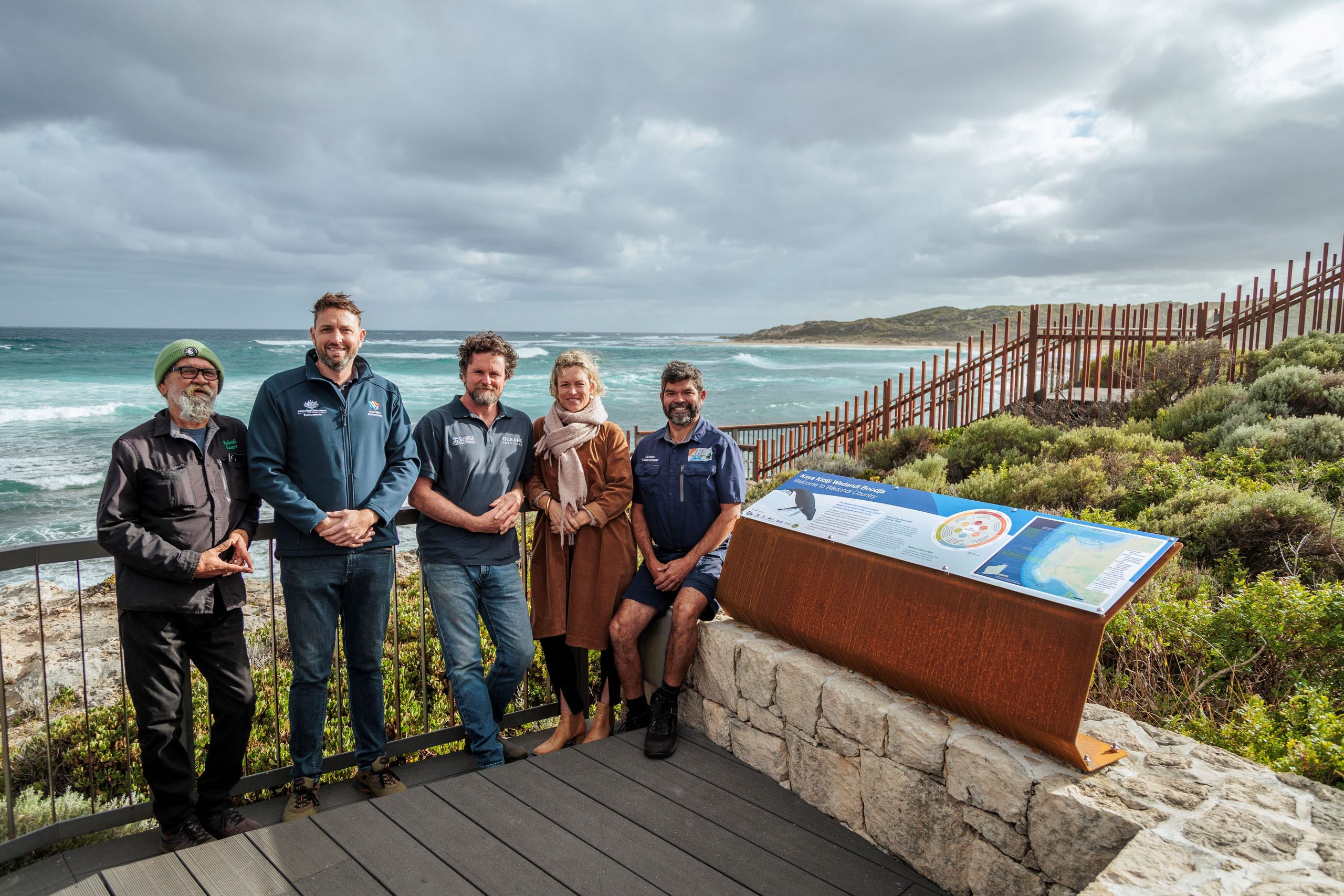 Dr Wayne 'Wonitji' Webb of Undalup Association, Ben Walley of Parks Australia, Dr Tim Langlois of the University of Western Australia, Shire of Augusta Margaret River President, Julia Jean-Rice, and Zac 'Waalitj' Webb of Undalup Association. Image: Shire of Augusta Margaret River