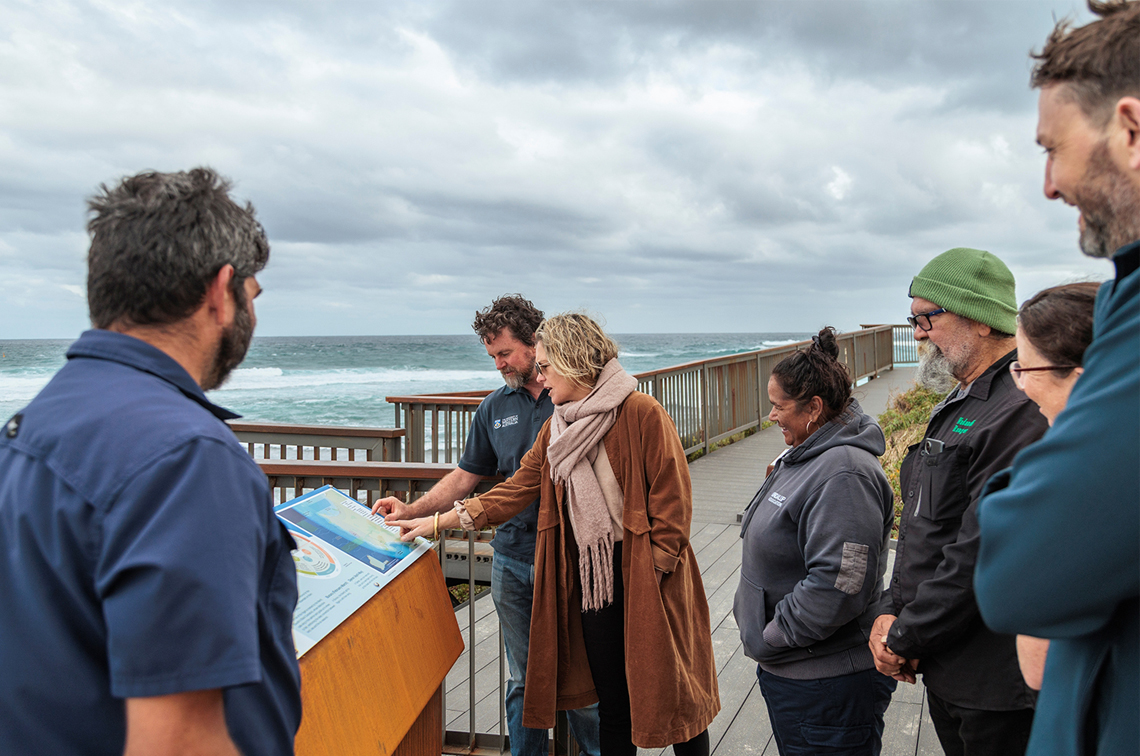 Zac 'Waalitj' Webb of Undalup Association, Dr Tim Langlois of the University of Western Australia, Shire of Augusta Margaret River President, Julia Jean-Rice, Kaylene Gray of Undalup Association, Dr Wayne 'Wonitji' Webb of Undalup Association, Hayley Bain of Shire of Augusta Margaret River and Ben Walley of Parks Australia. Image: Shire of Augusta Margaret River